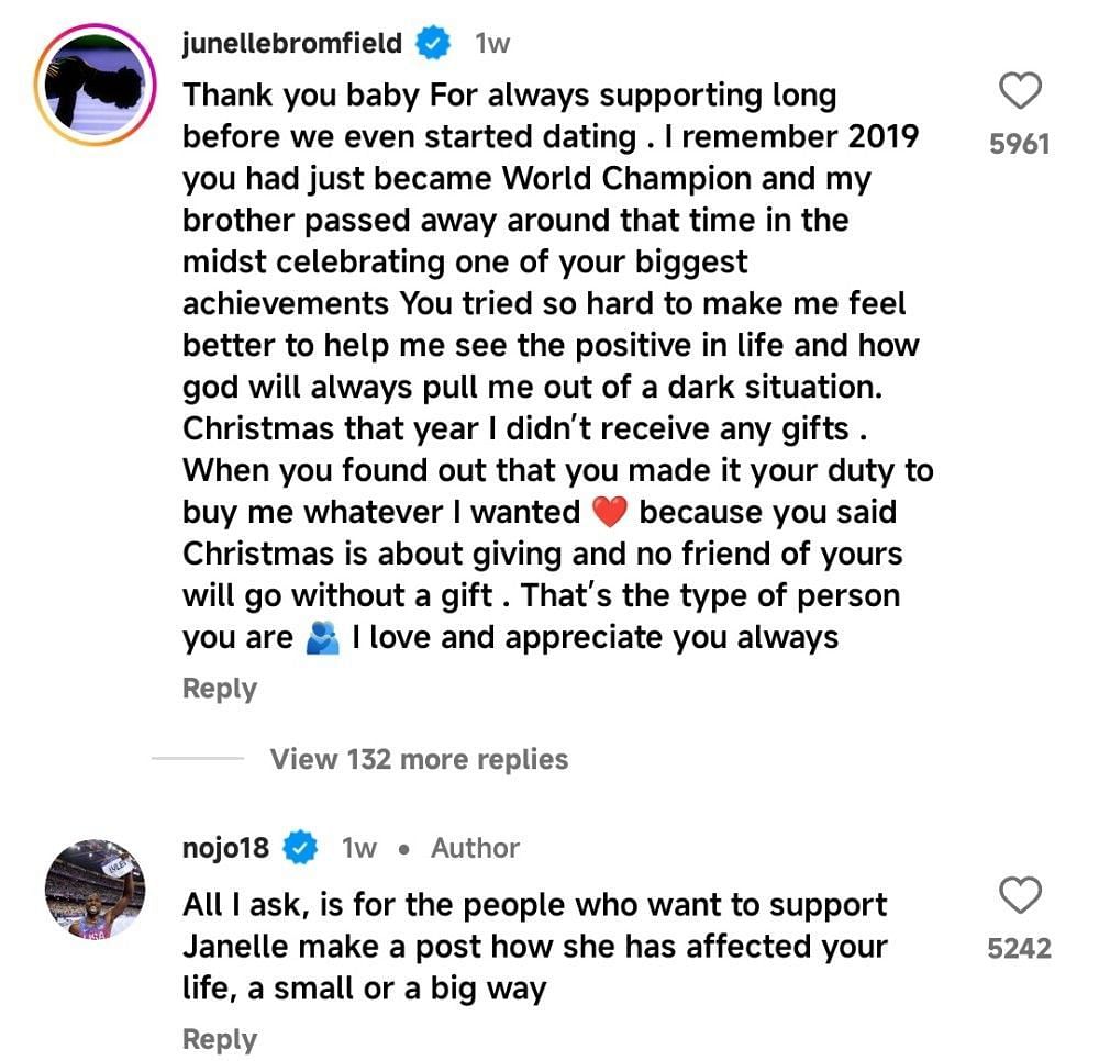 Junelle Bromfield comments (Image: Instagram/Noah Lyles)