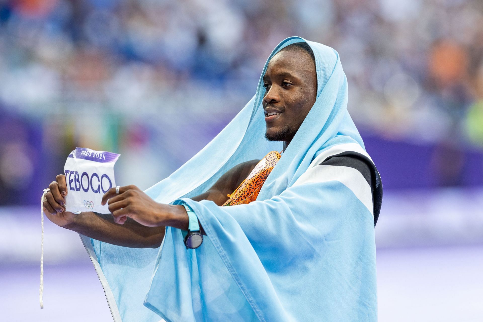 Letsile Tebogo celebrating the gold medal in the Men&#039;s 200m Final at the Olympic Games 2024 in Paris, France. (Photo via Getty Images)