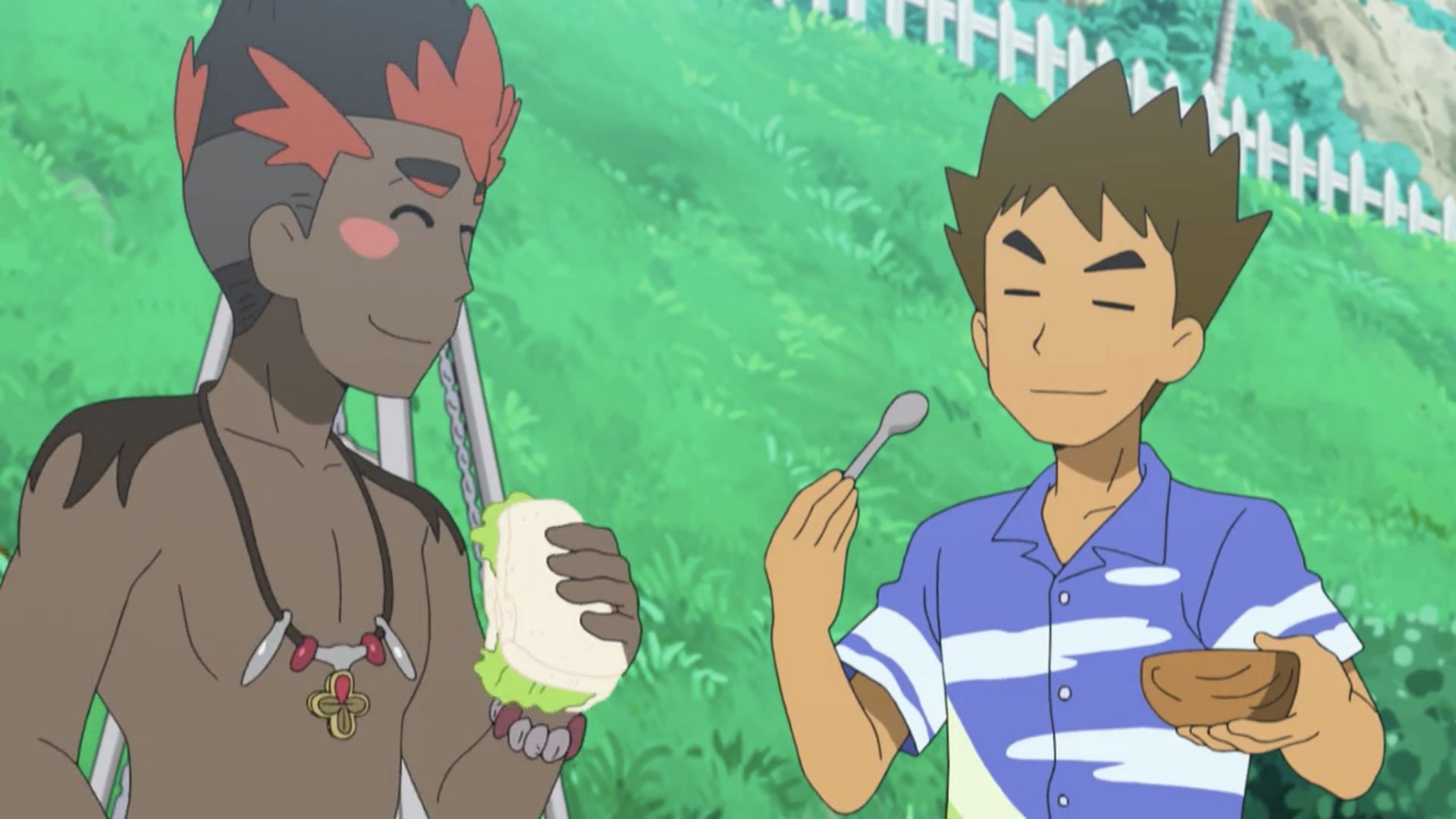 Brock showed he could still battle in this episode, against Ash&#039;s classmate Kiawe no less (Image via The Pokemon Company)