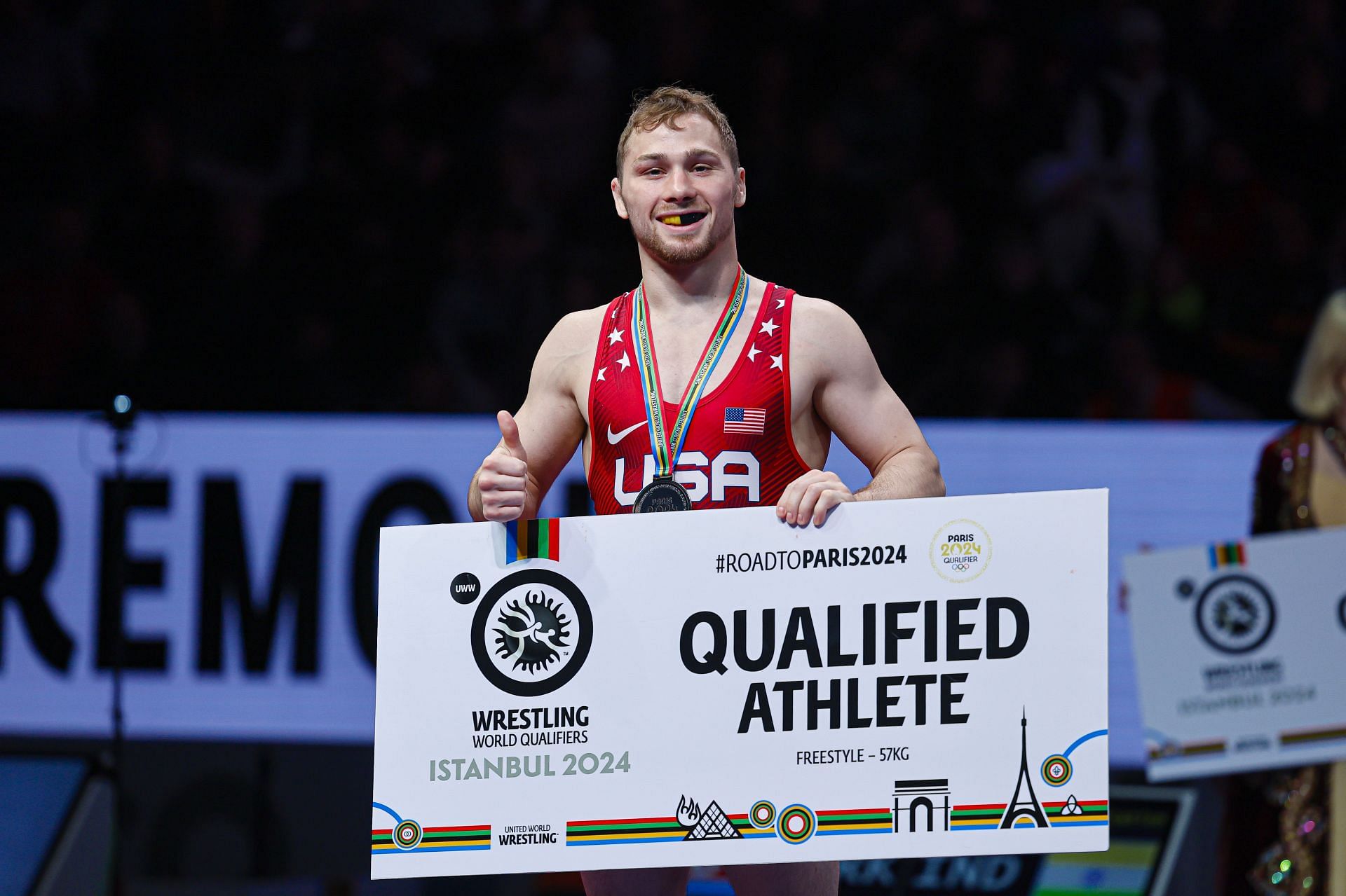 Spencer Lee after winning his ticket to the 2024 Paris Olympics at the Olympic qualifiers in Istanbul - Getty Images