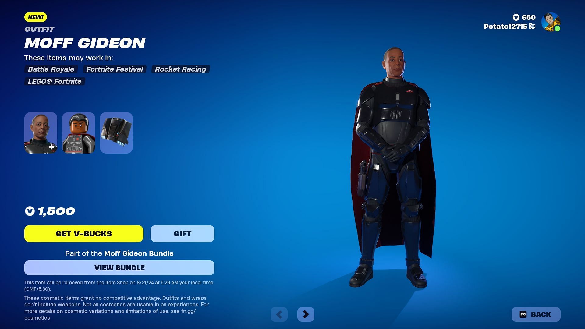 Moff Gideon (Giancarlo Esposito) skin will remain listed until August 21, 2024 (Image via Epic Games)