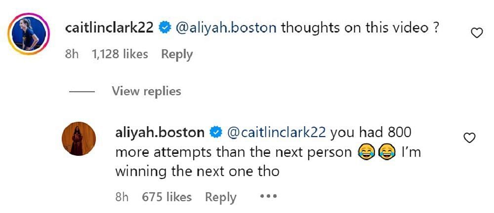 Caitlin Clark and Aliyah Boston talking trash on Instagram. (Photo: Screengrabbed from the Indiana Fever&#039;s IG post&#039;s comments section)