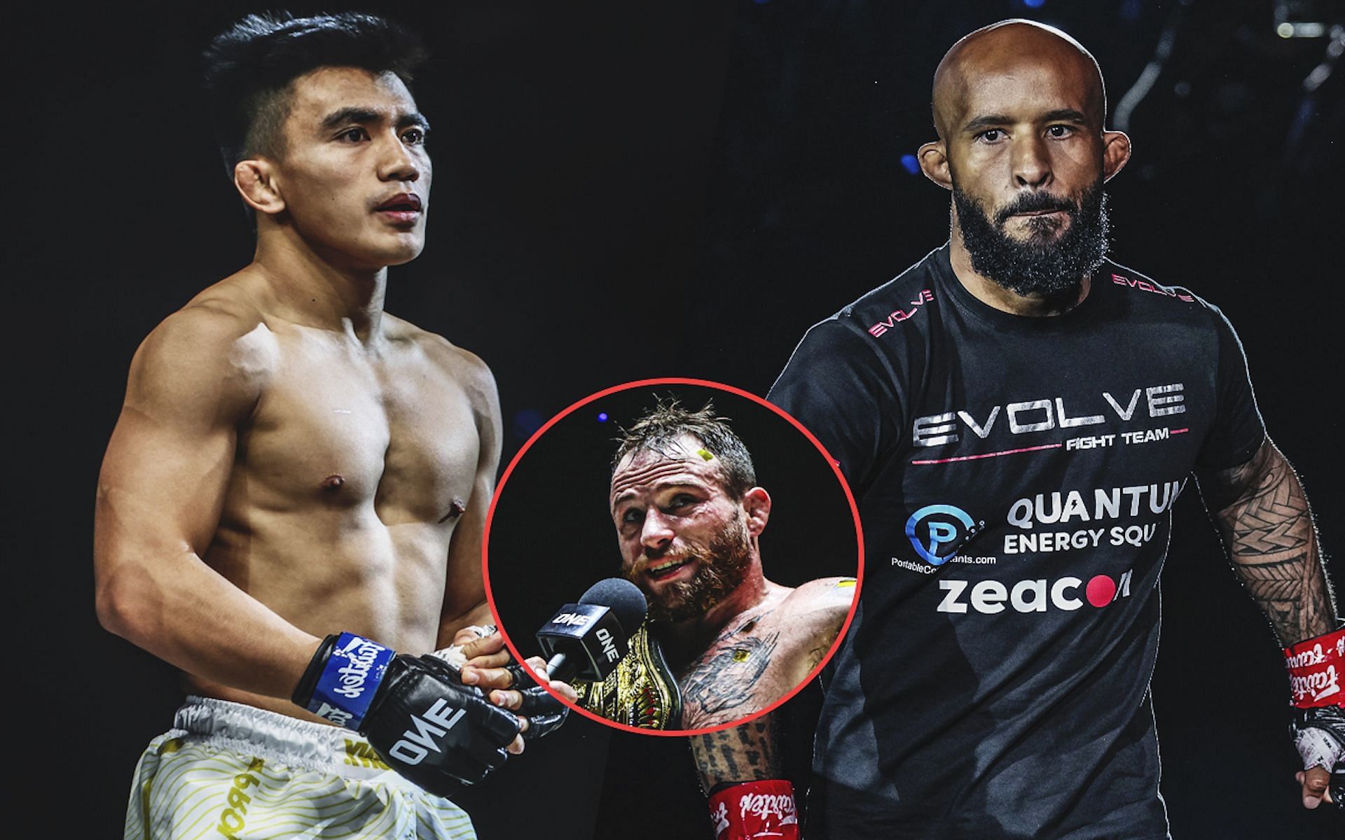 ONE interim strawweight king Jarred Brooks (center) says Joshua Pacio (left) is down to second on his hit list, aiming for MMA GOAT Demetrious Johnson (right).