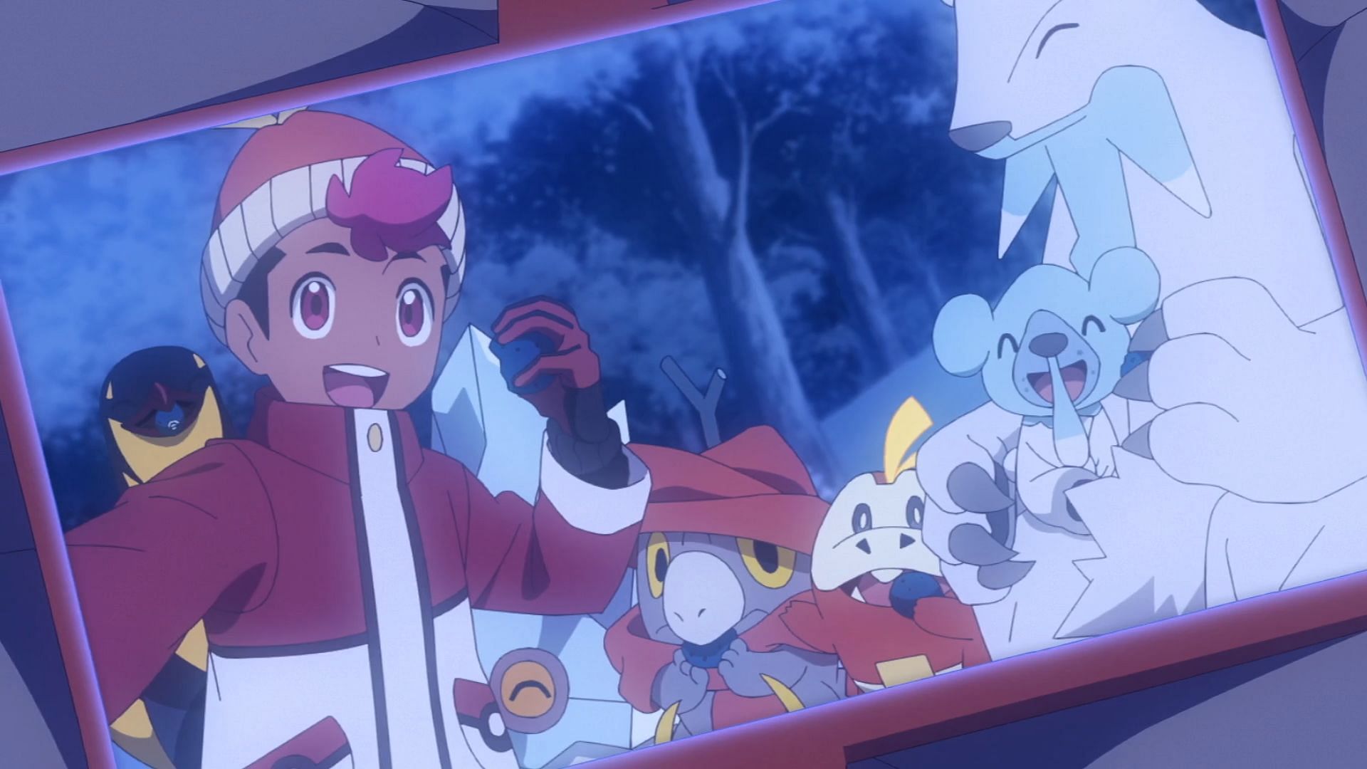 Roy&#039;s picture with his new frigid friends in Pokemon Horizons Episode 60. (Image via The Pokemon Company)