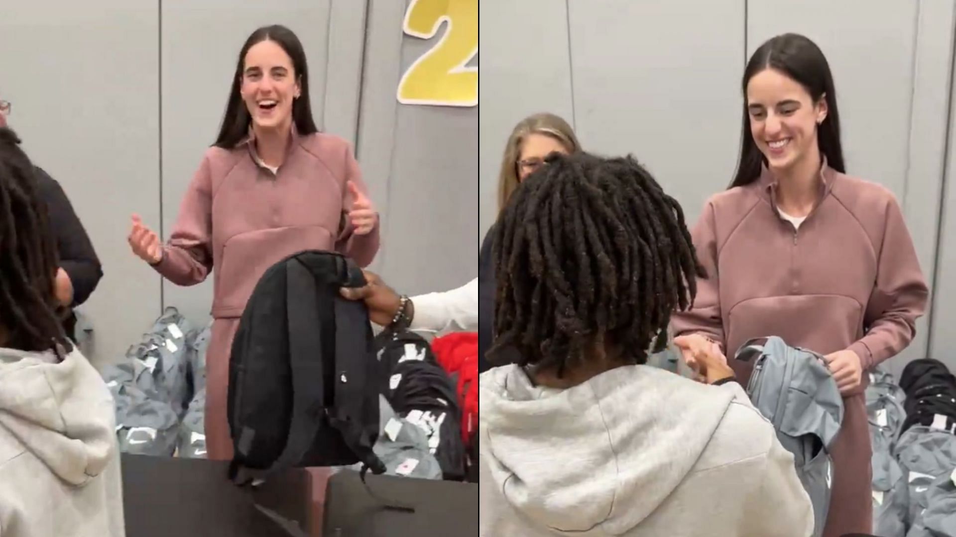 Caitlin Clark hands out backpacks for children in need during visit to Des Moines North High School - Screenshots from @MurphyKeith on X