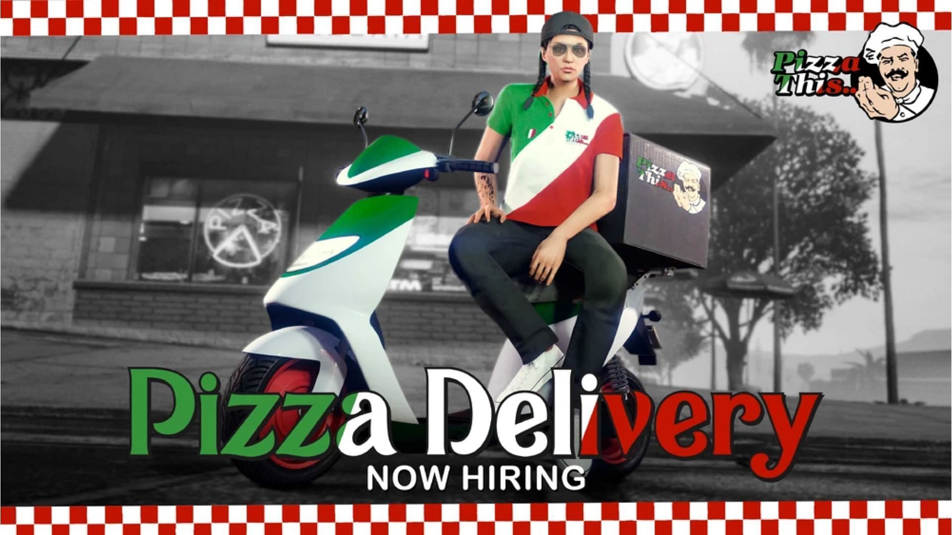 A promotional image for pizza delivery missions in Grand Theft Auto 5 Online (Image via Rockstar Games)