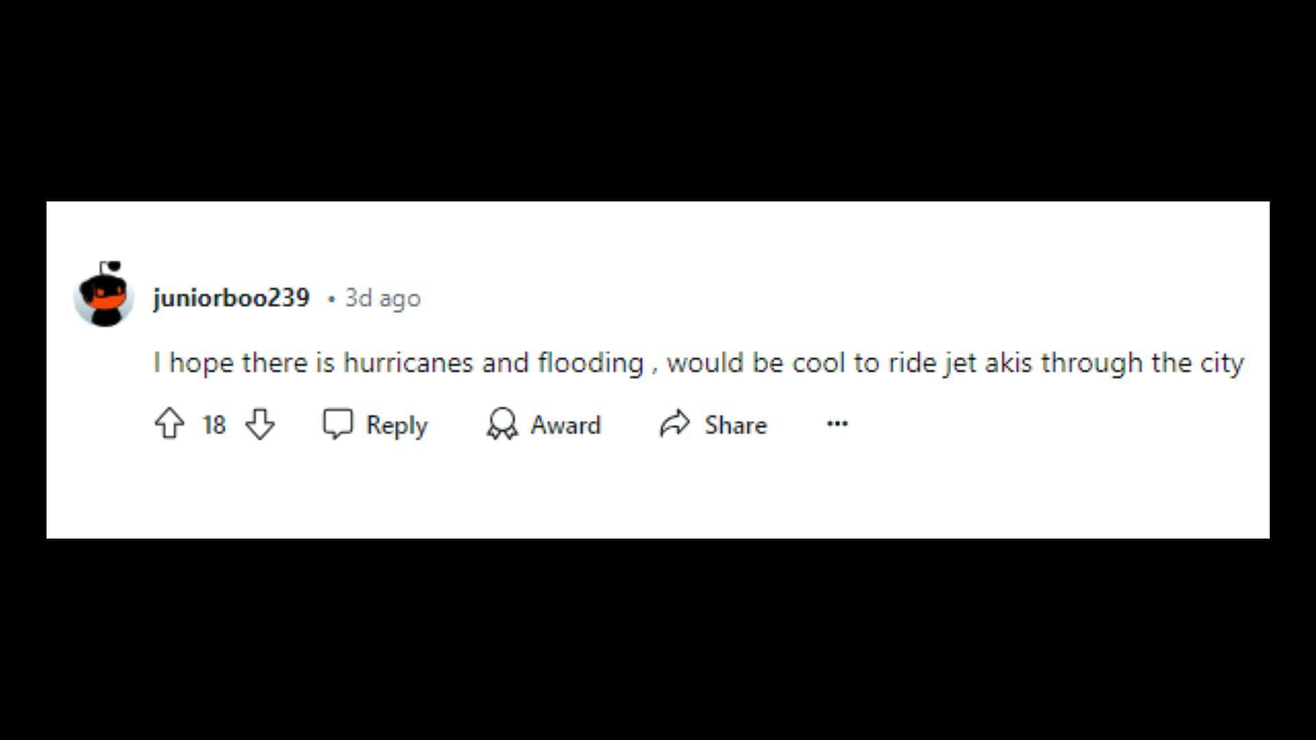 Grand Theft Auto fan wants floods in the series&#039; next entry (Image via Reddit:u/juniorboo239)