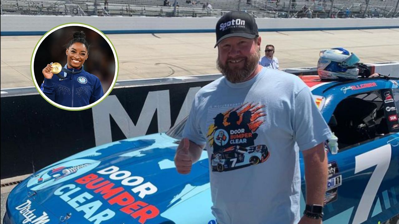 NASCAR spotter Brett Griffin congratulates Olympic athelete Simone Biles for grabbing a gold in gymnastics