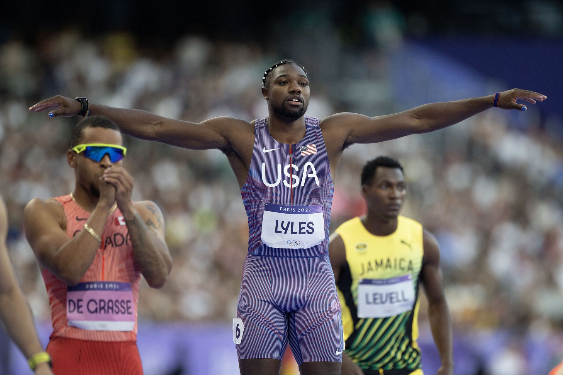 The USA&#039;s Noah Lyles (C) at the Olympic Games - Paris 2024 - Source: Getty