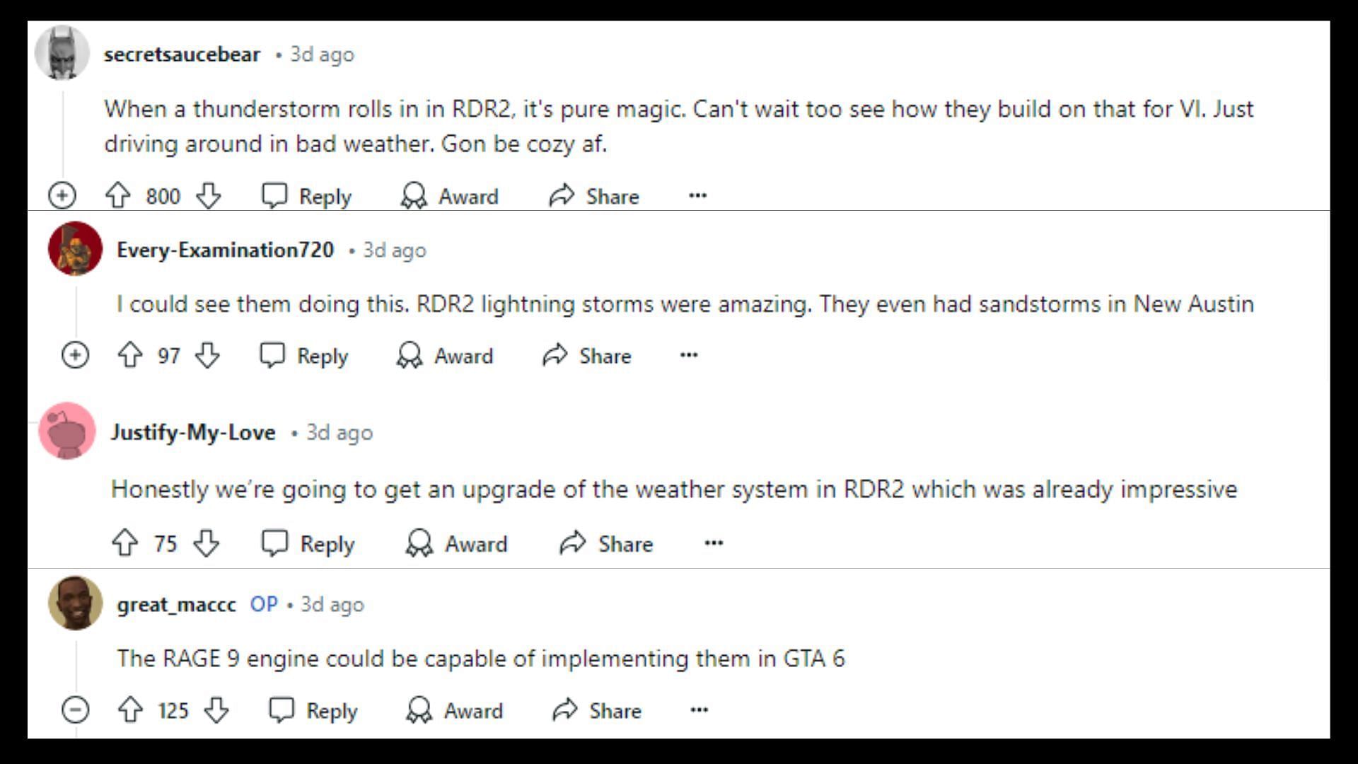 Fans want harsh weather conditions in Grand Theft Auto 6 (Images via Reddit)