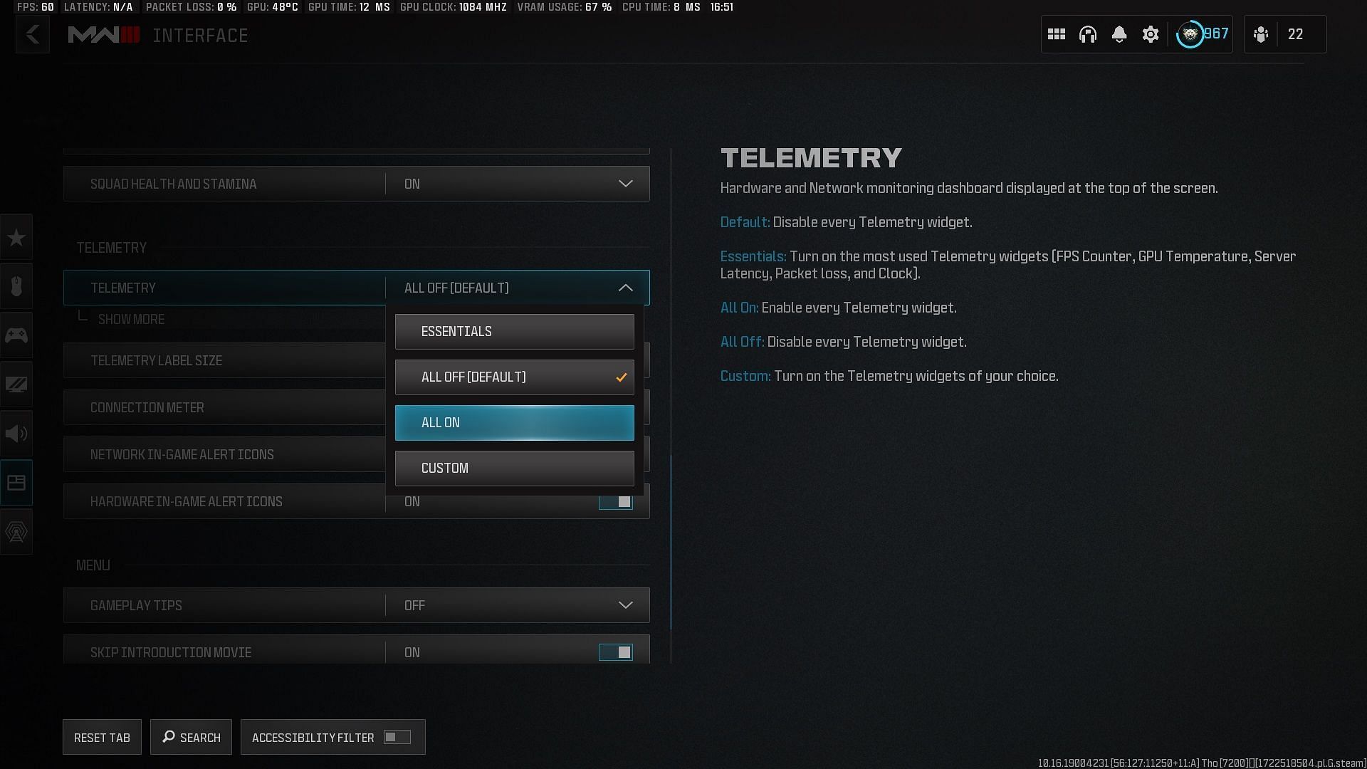 Turning on MW3 in-game Telemetry Options instead of using third-party tools (Image via Activision)