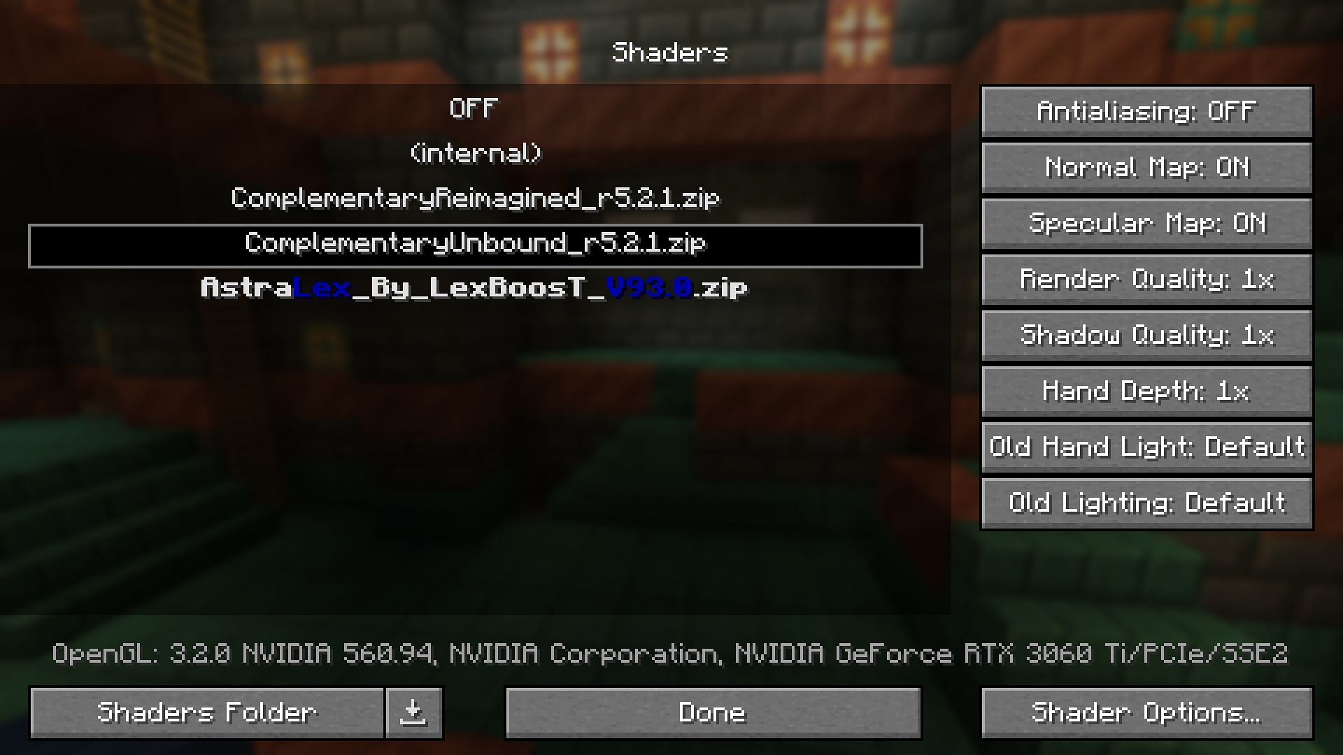 The Optifine shader select screen (Image via Mojang Studios)