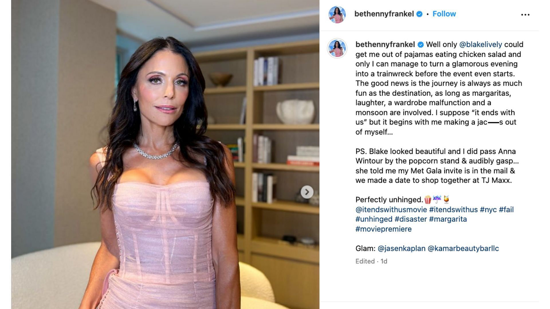 A screenshot of Bethenny Frankel&#039;s post (Image via @bethennyfrankel/ Instagram)