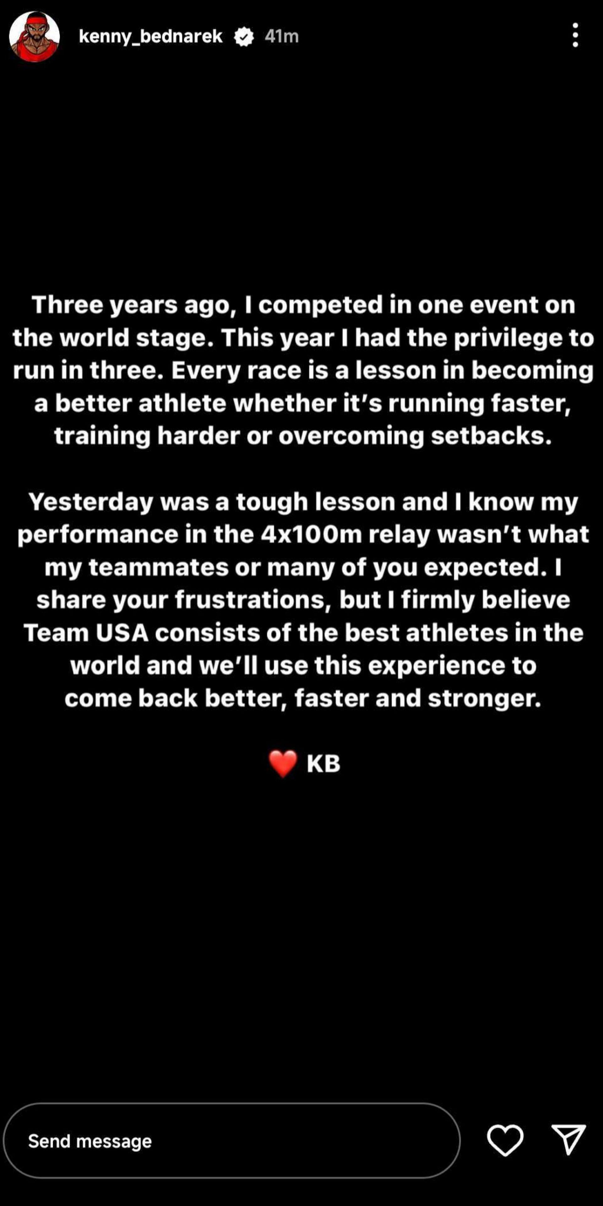 Screenshot of Kenny Bednarek Instagram story