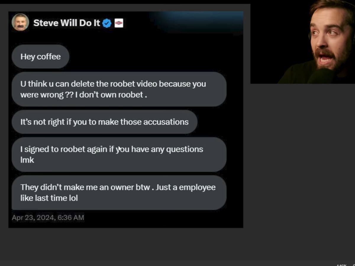 Coffeezilla reveals messages sent by SteveWillDoIt (Image via YouTube/Voidzilla)