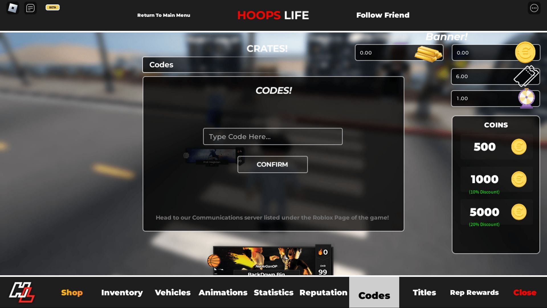 Redeem codes in Hoops Life (Image via Roblox)