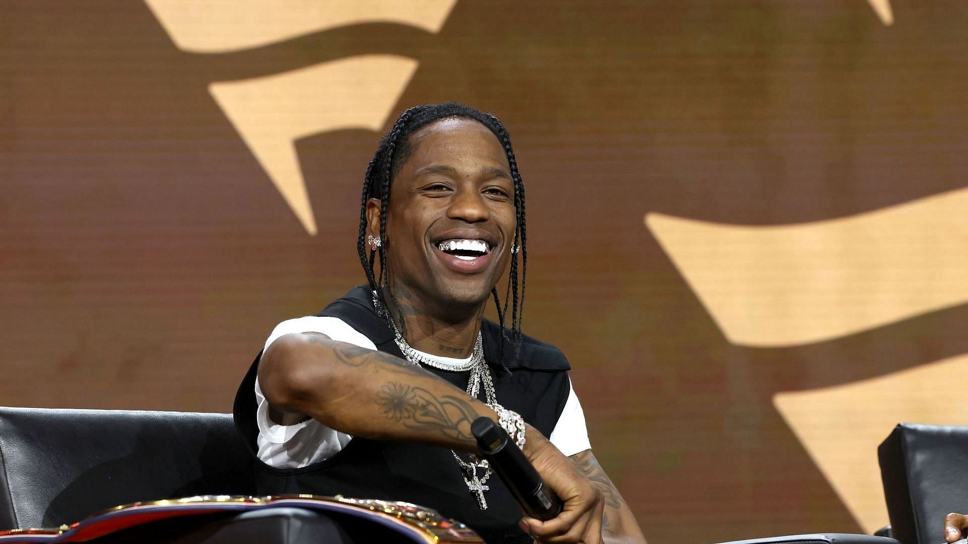 Travis Scott speaks onstage at the Fanatics Fest NYC 2024 at Jacob Javits Center on August 17, 2024 in New York City. (Photo by Kevin Mazur/Getty Images for Fanatics)