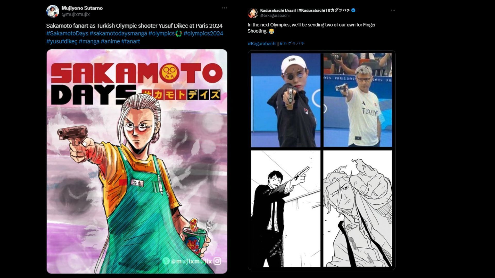 Olympic 2024 shooters fanart shared by fans (Image via X/@mujixmujix, @brkagurabachi)