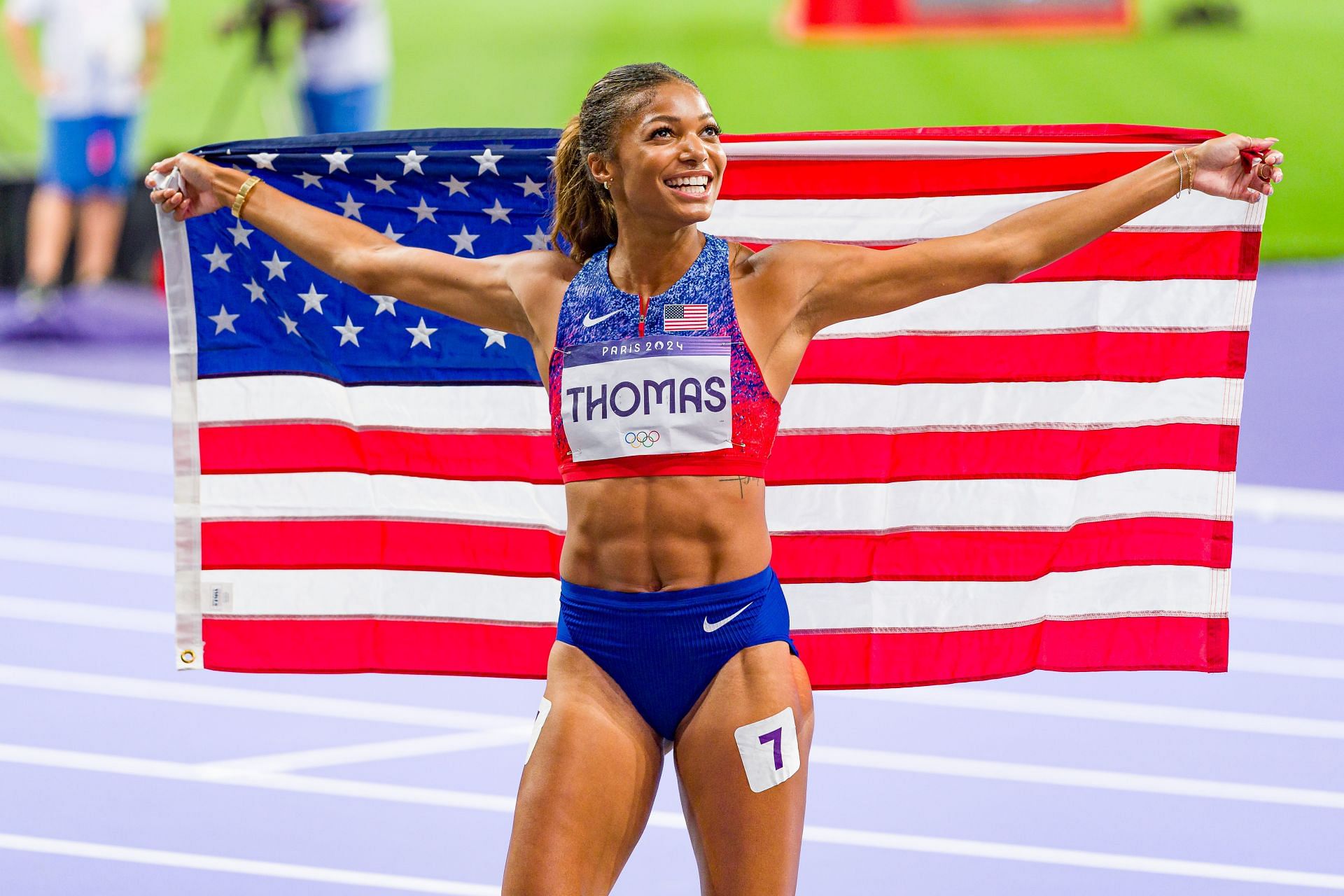 Gabby Thomas celebrates her 200m win at the 2024 Paris Olympics (Picture: Getty)