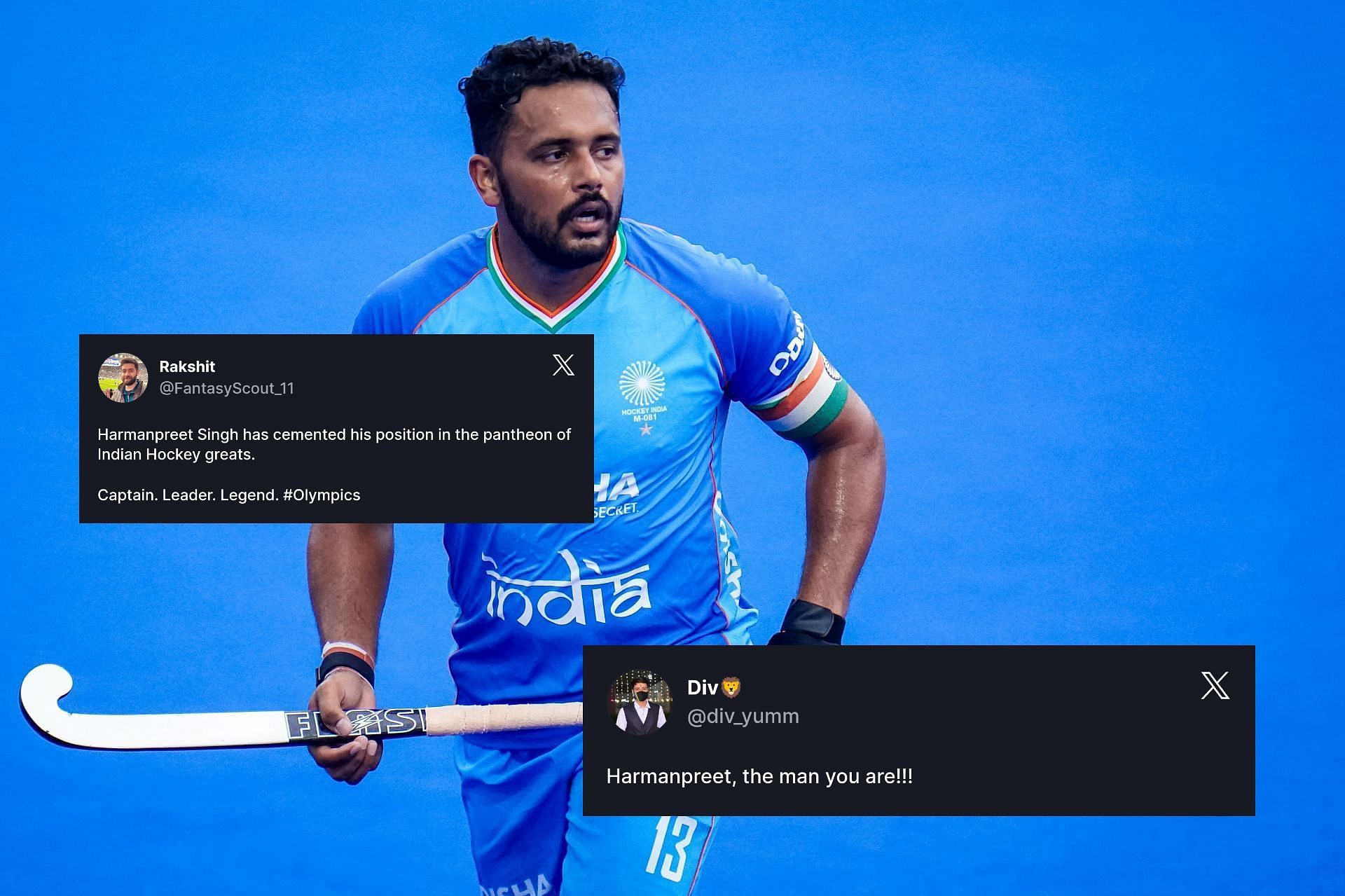 Harmanpreet Singh at the Paris Olympics 2024 (Images via Getty, X@FantasyScout_11 and X@div_yumm)