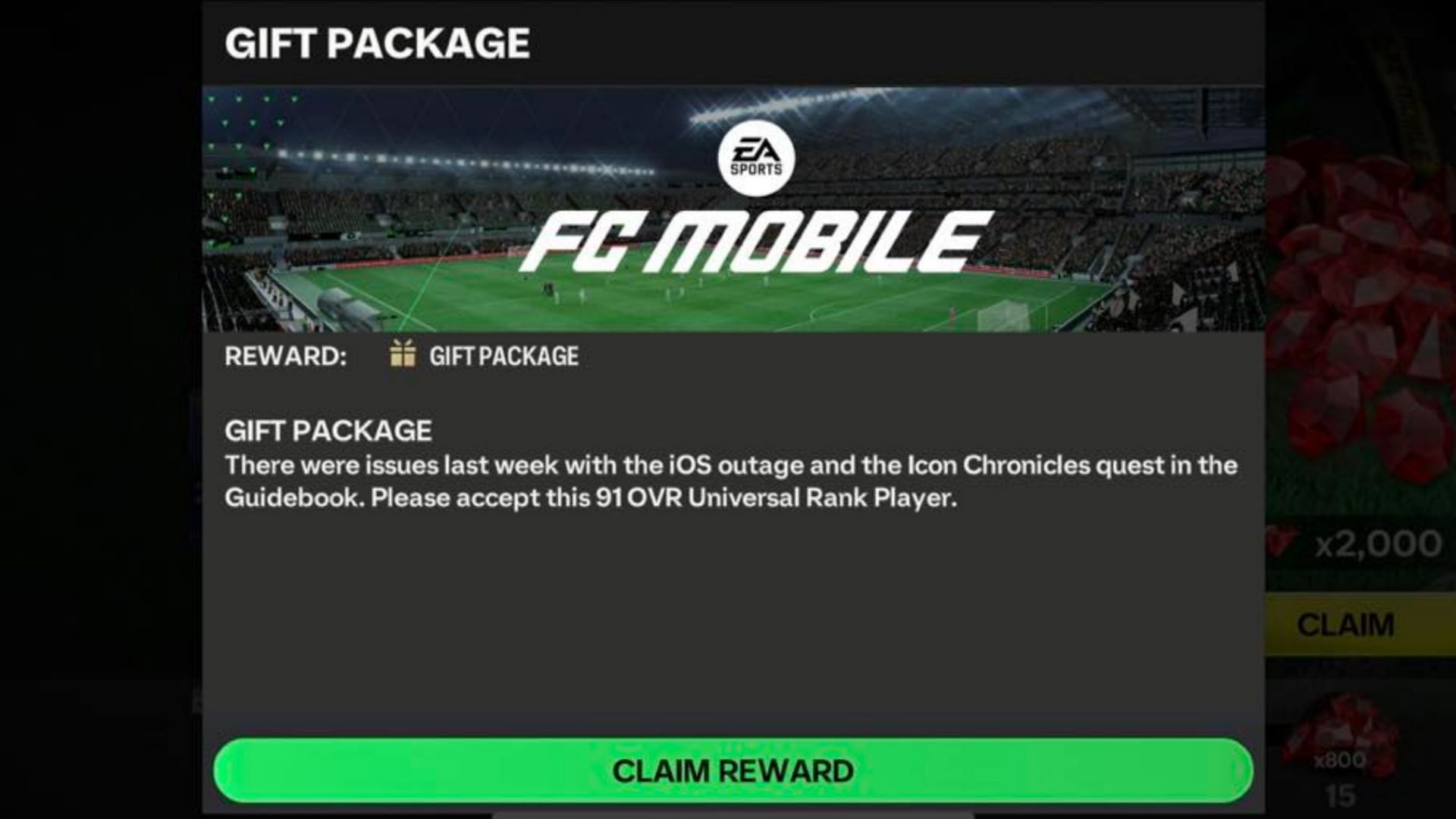 In-game mail showing the universal rank-up card as compensation gift (Image via EA Sports)