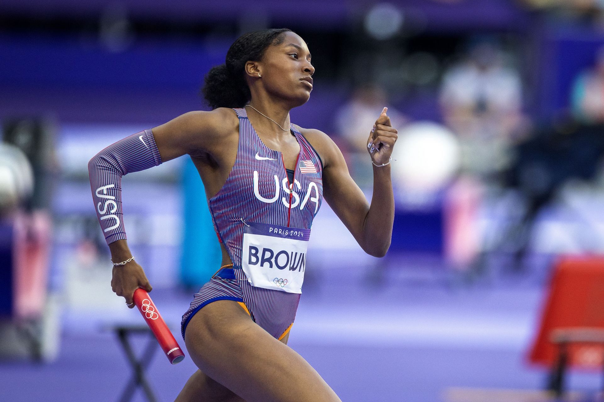 Kaylyn Brown of USA running towards the world record in the Mixed 4x400m Relay at the Paris Olympics [Image Source : Getty]