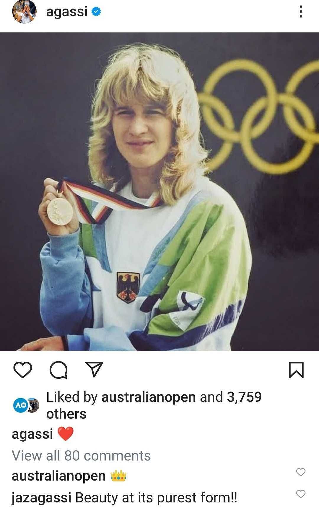 Jaz Elle Agassi&#039;s reaction to Steffi Graf&#039;s Olympic achievement; ( Source - https://www.instagram.com/p/C-Jpt_RPyL9/?igsh=dHJsM2R5bTEzdmtu)