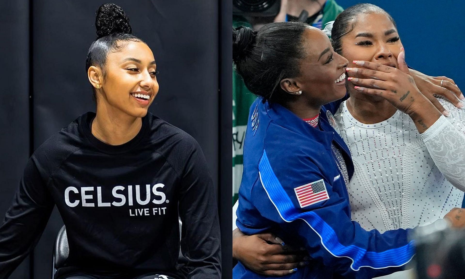 JuJu Watkins reacts to Simone Biles and Jordan Chiles win silver and bronze in women