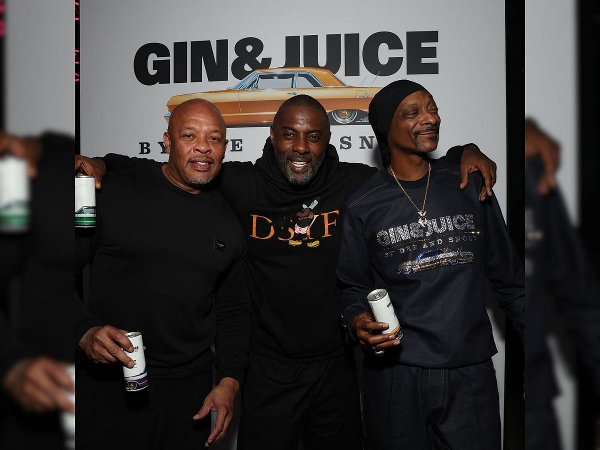 Snoop Dogg, Idris Elba and Dr. Dre for Gin &amp; Juice launch (Image via Instagram/@dreandsnoop)