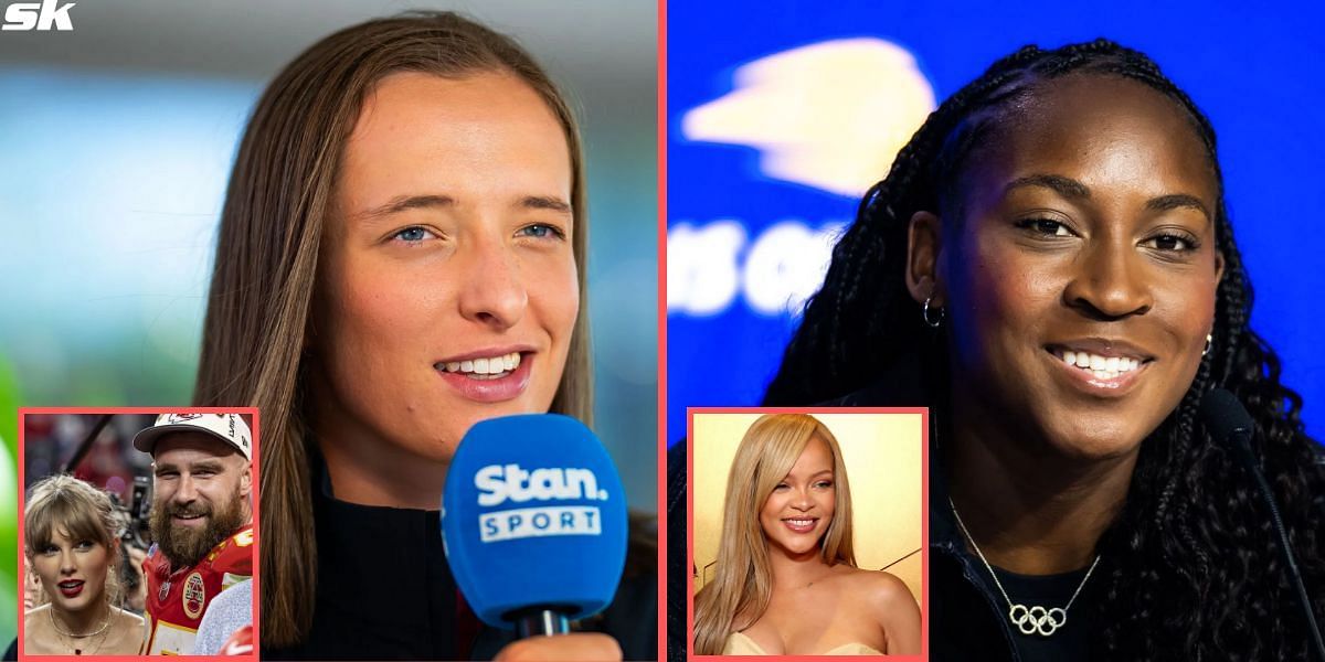 Iga Swiatek (L), Coco Gauff (R), Taylor Swift and Travis Kelce (left inset), Rihanna (right inset) - Image Source: Getty