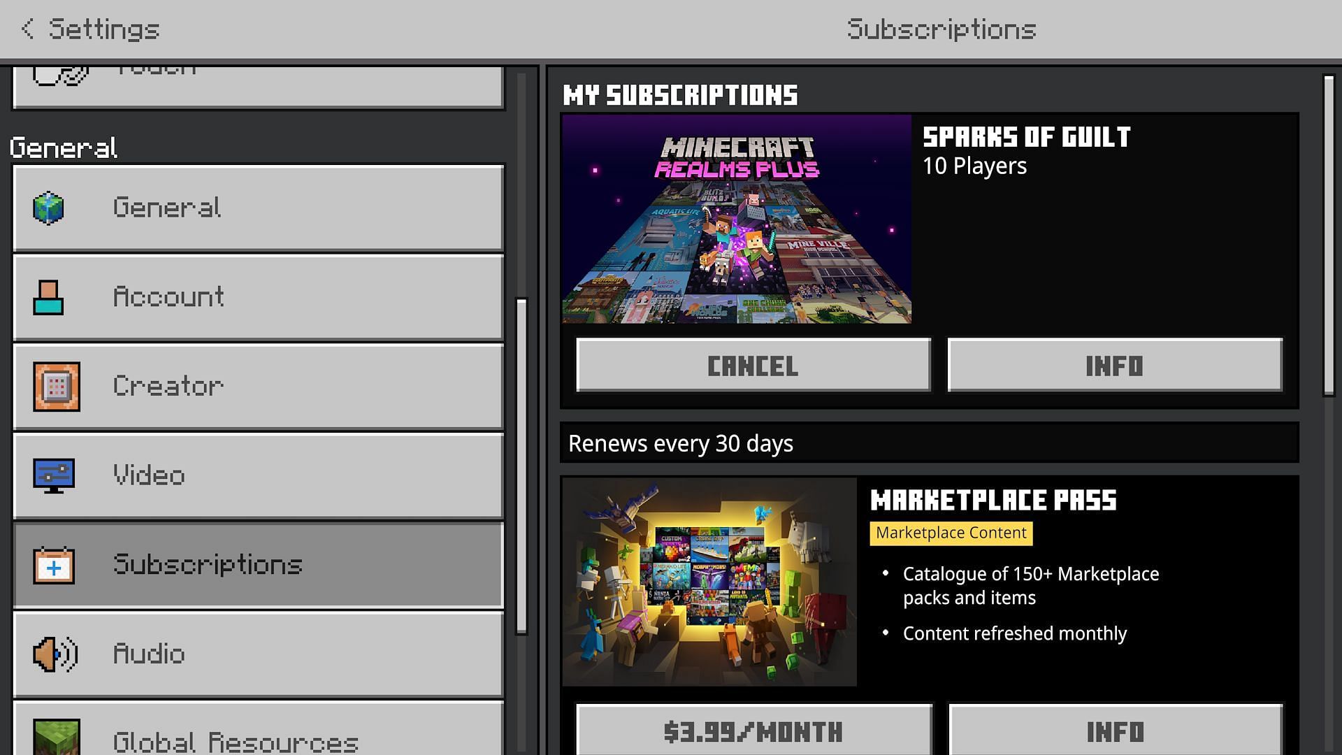 The &quot;Cancel&quot; button beneath a Realms subscription (Image via Mojang)