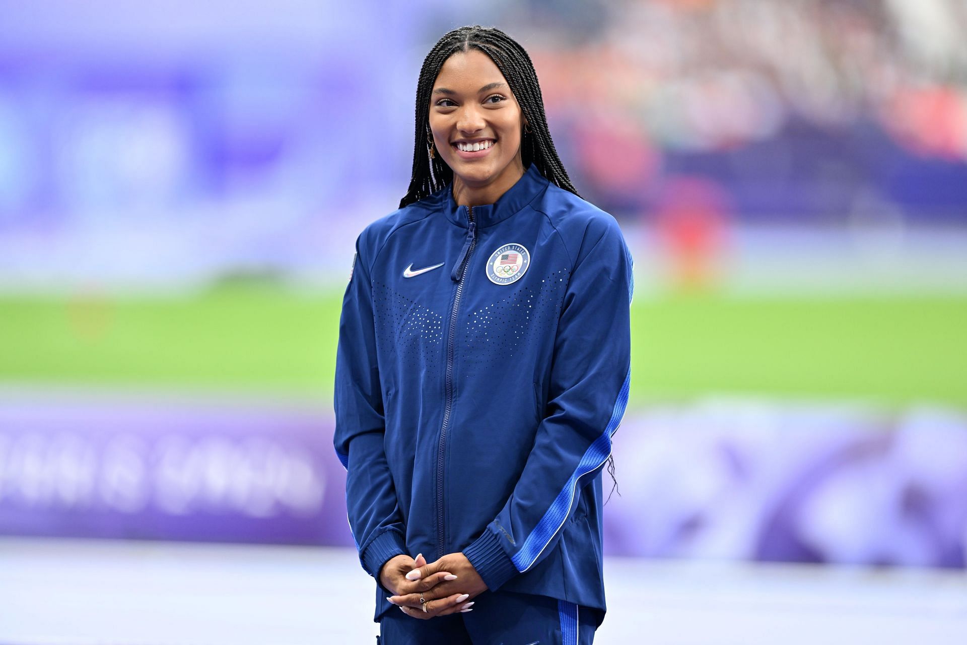 Tara Davis-Woodhall at the Olympic Games Paris 2024 - Women&#039;s Long Jump (Image via Getty)