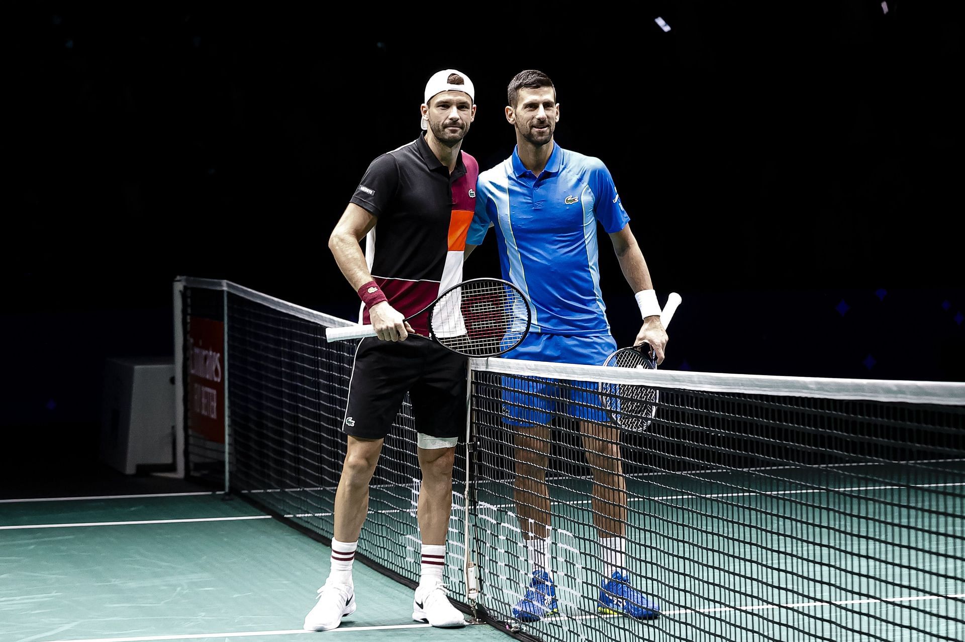 Grigor Dimitrov and Novak Djokovic at the Rolex Paris Masters. (Image: Getty)