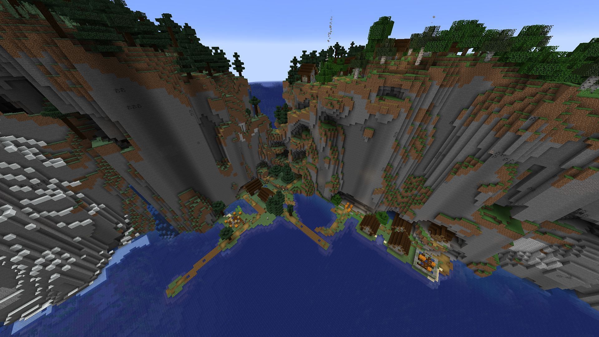 This Minecraft seed's village is partially slotted between two cliffs (Image via u/Ok_Dragonfly_1051/Reddit)