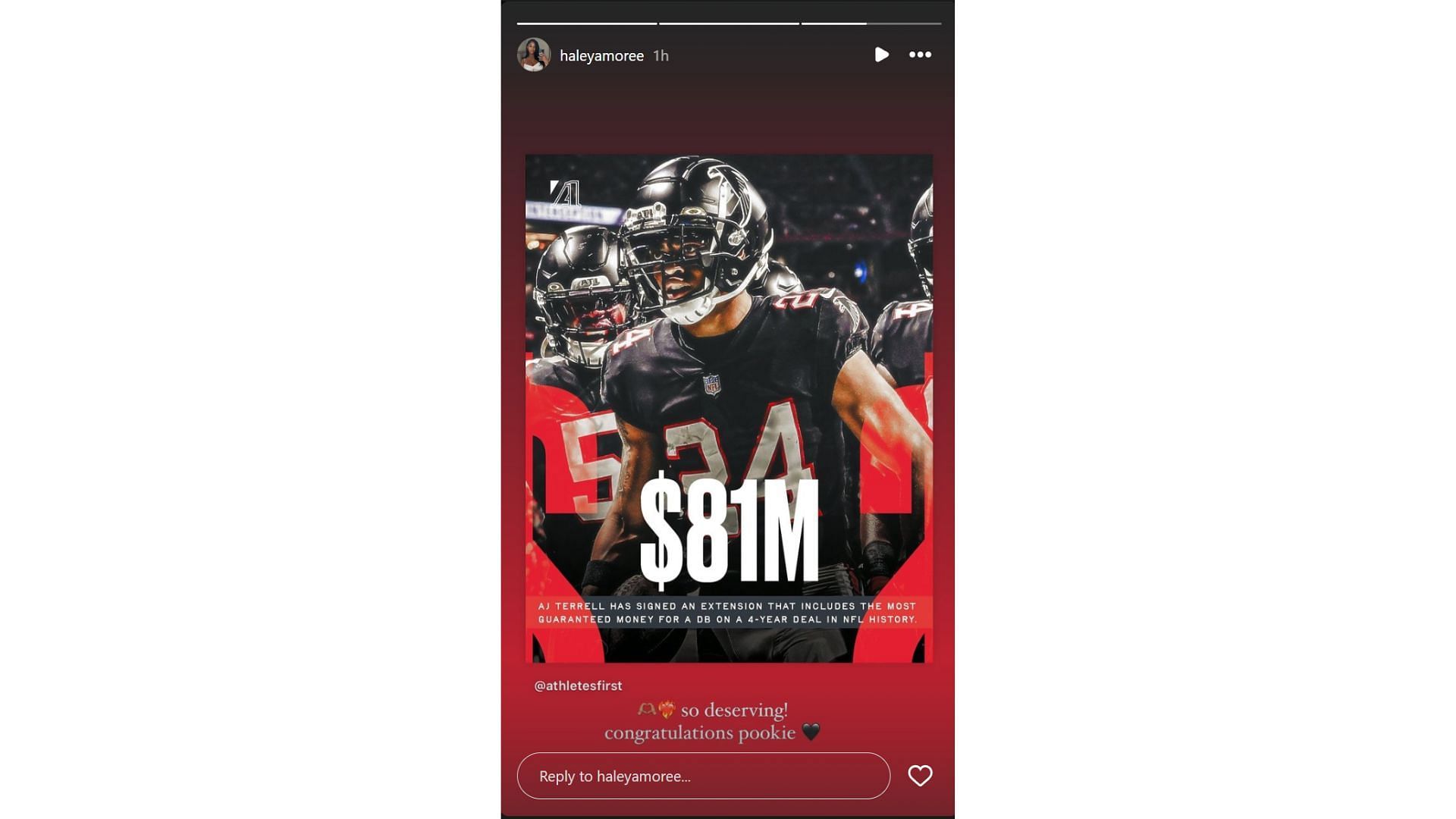 A.J. Terrell&#039;s girlfriend Haley congratulates CB&#039;s new $81M deal