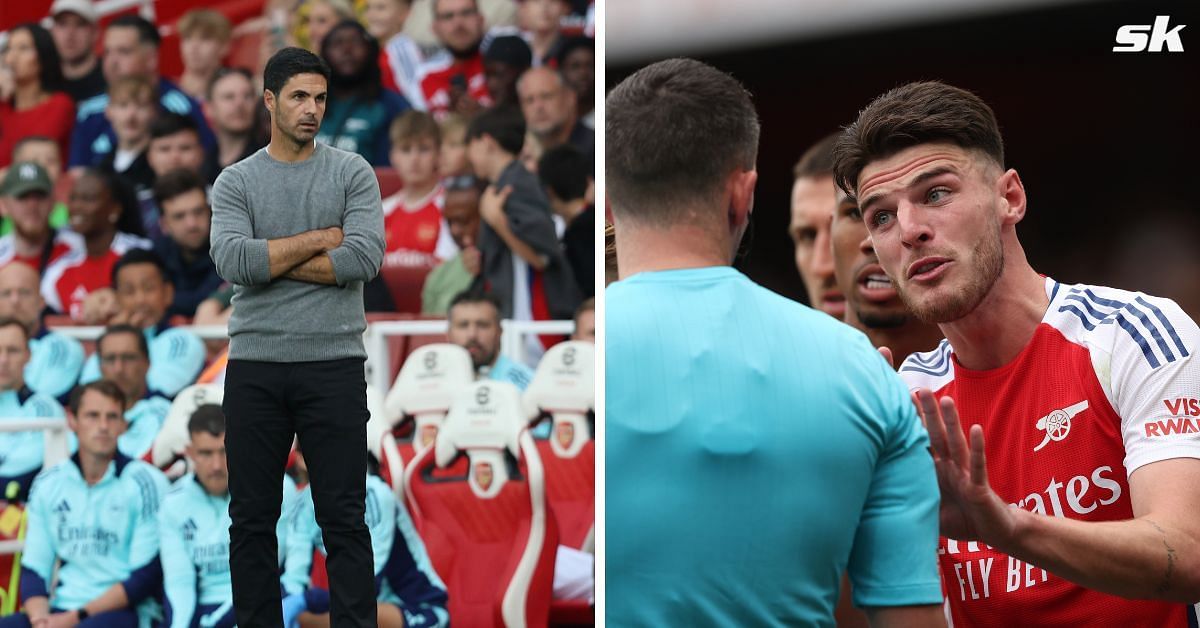 Mikel Arteta was left reeling with the decision to send off Declan Rice (Images: Getty)