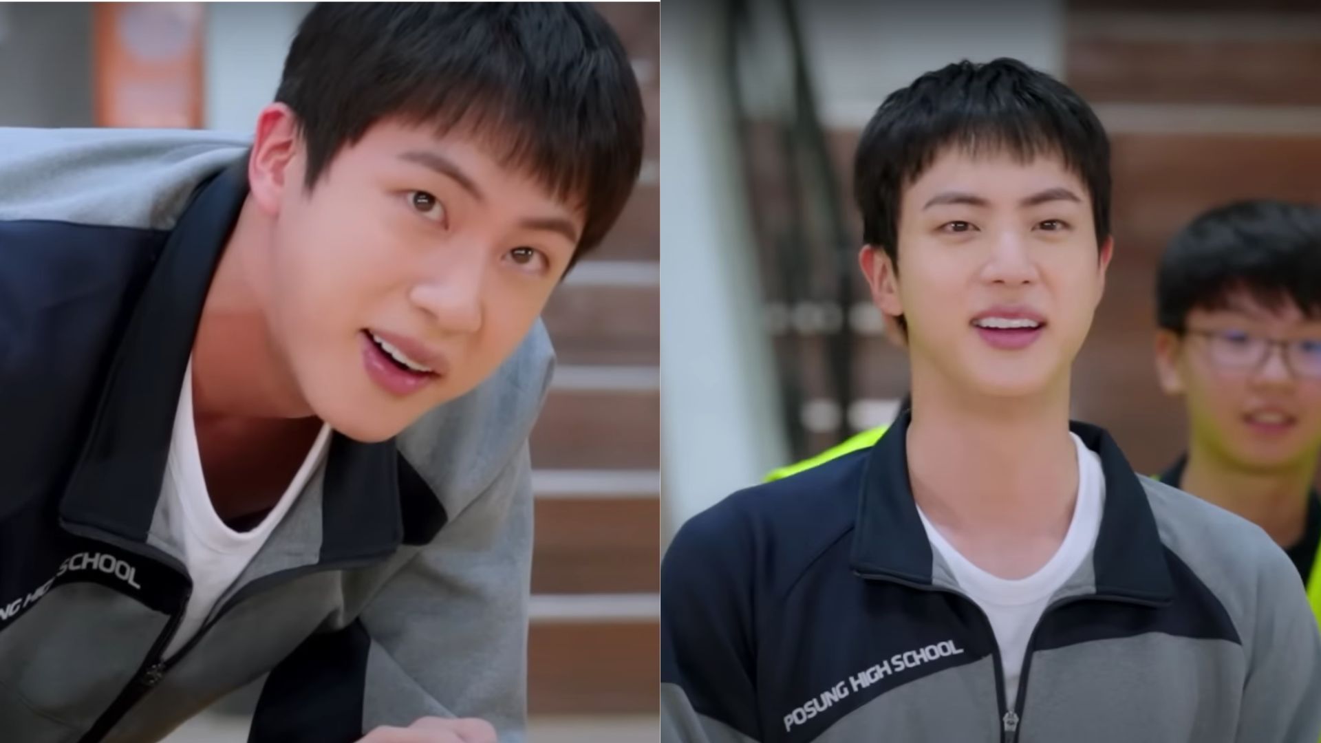 Jin gifts pizzas to students (Images via YouTube/BANGTANTV)