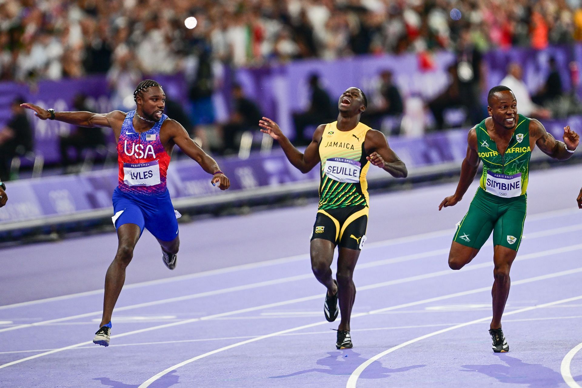 Noah Lyles edging ahead of others during the Men&#039;s 100m final at Paris Olympics [Image Source: Getty]