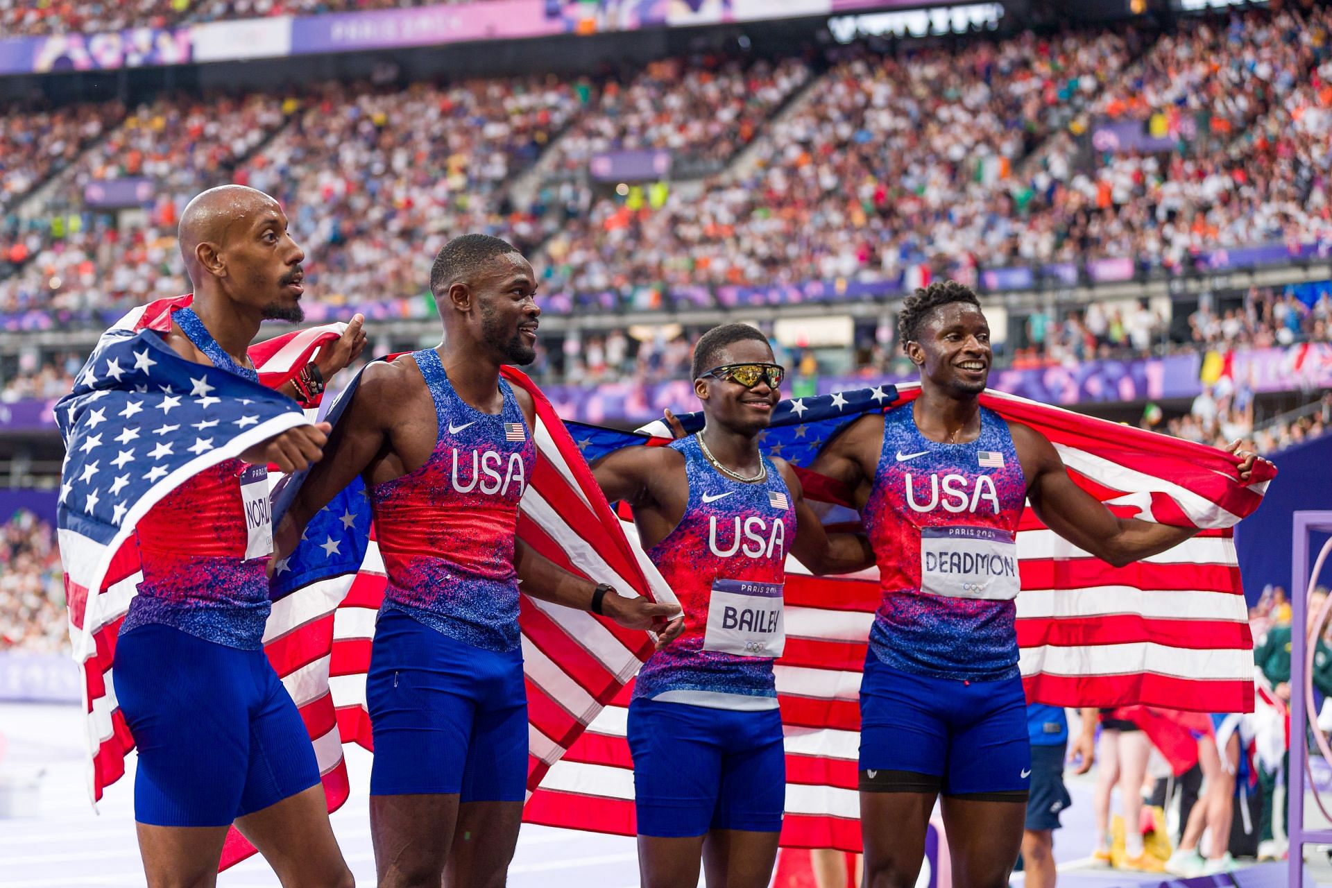 Team USA celebrates its victory in the men&#039;s 4x400m Relay at the Paris Olympics 2024 [Image Sources: Getty]