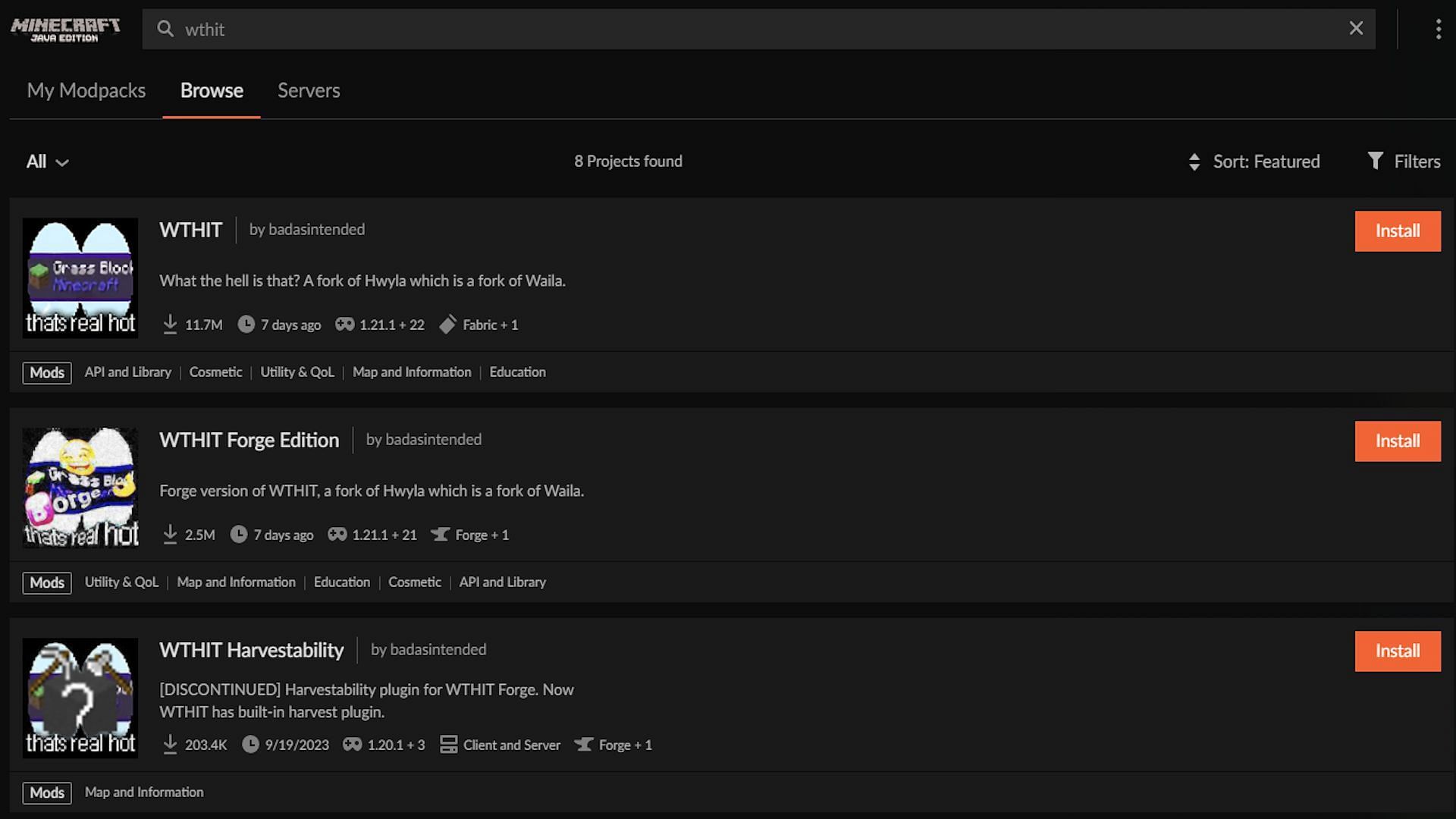 The search results for &quot;WTHIT&quot; on CurseForge (Image via CurseForge)