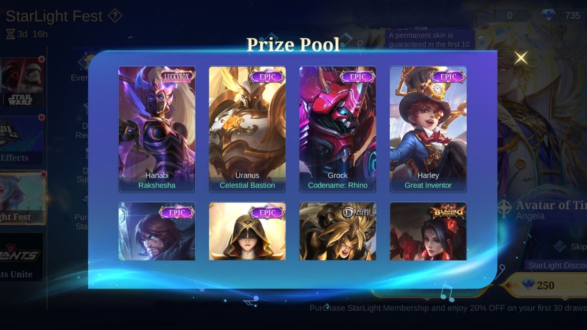 All the Epic Skins as mentioned in the prize po for Mobile Legends Bang Bang Annual Starlight Fest Event 2024 (Image via Moonton Games)