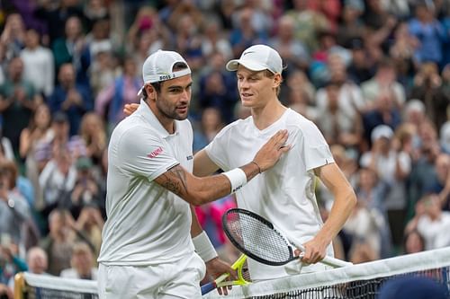 Matteo Berrettini (L) pictured with Jannik Sinner at the 2024 Wimbledon Championships - Source: Getty