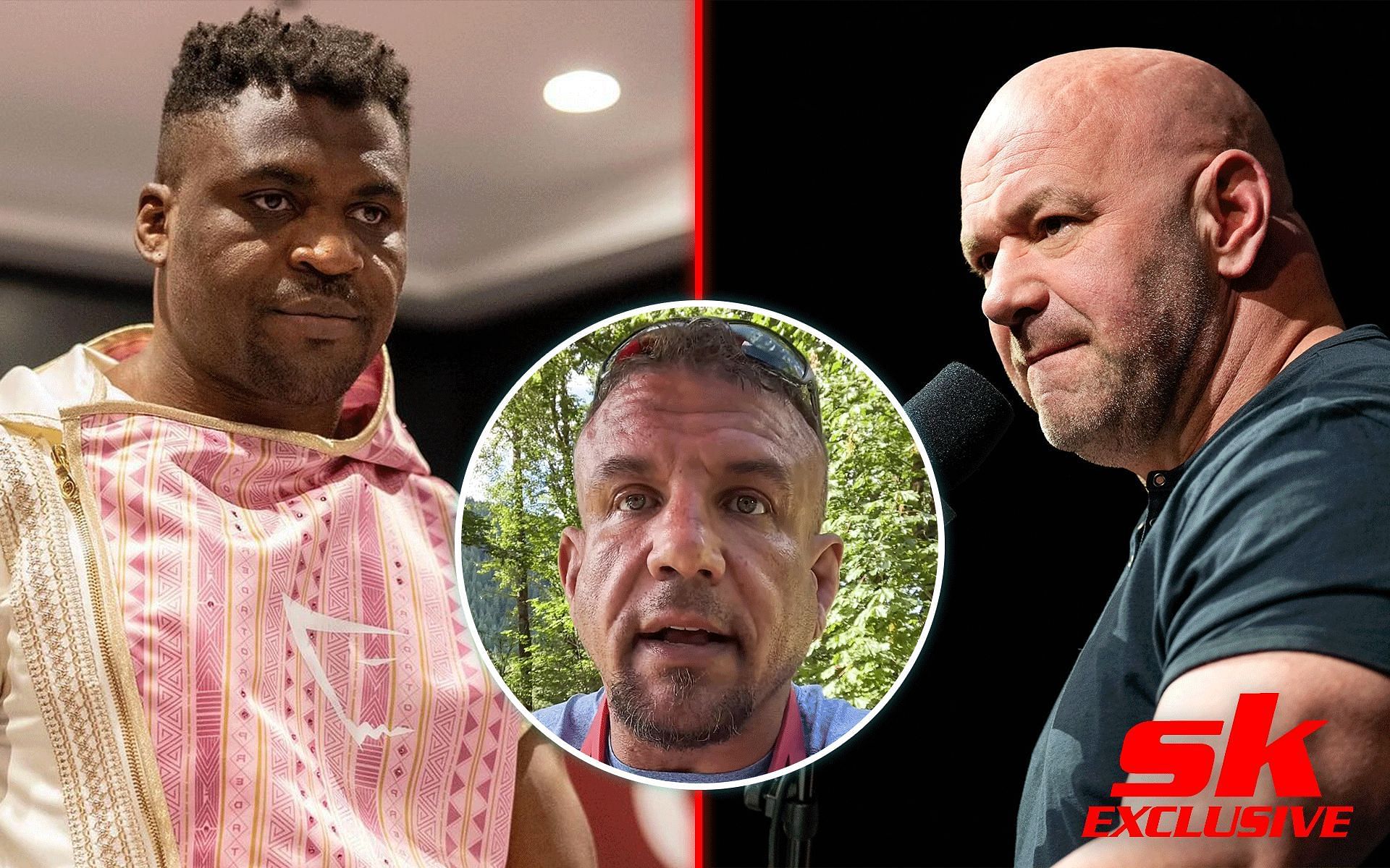 Francis Ngannou (left) and Frank Mir (middle) are former UFC heavyweight champions, whereas Dana White (right) is the longtime UFC president and current UFC CEO [Images courtesy: @francisngannou and @thefrankmir on Instagram, Getty Images]