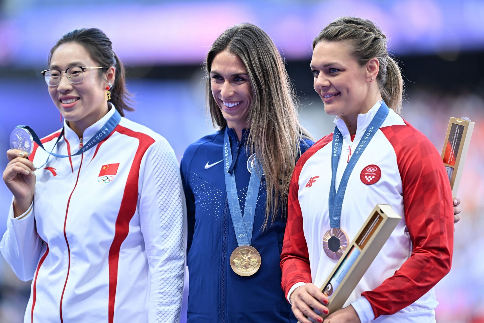 Allman with her fellow Paris Olympics discus throw medalists (Source: getty)