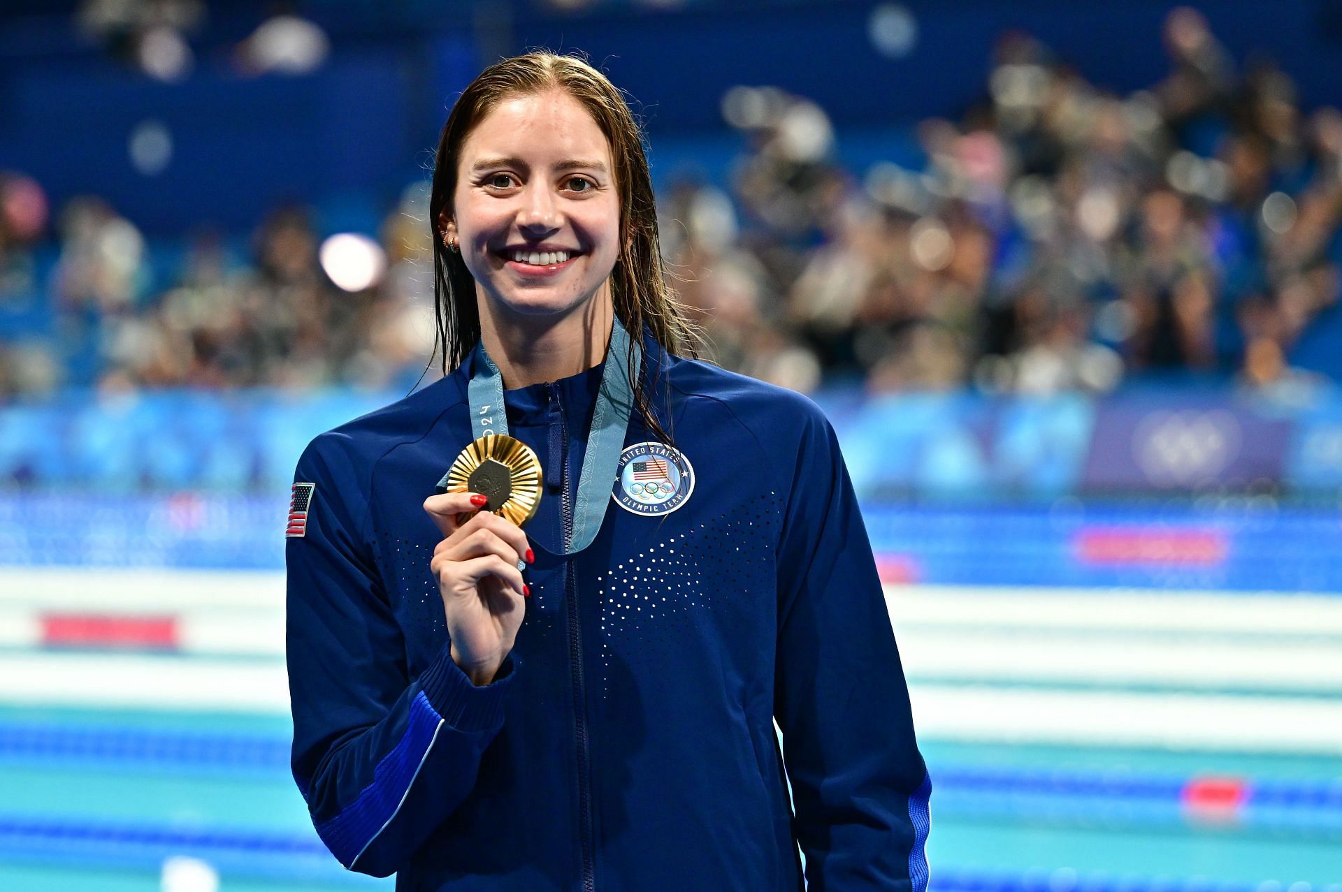 Kate Douglass of Team United States poses with the Gold Medal during the Swimming medal ceremony after the Women&#039;s 200m Breaststroke Final at the Olympic Games 2024 at Paris La Defense Arena in Paris, France. (Photo via Getty Images)