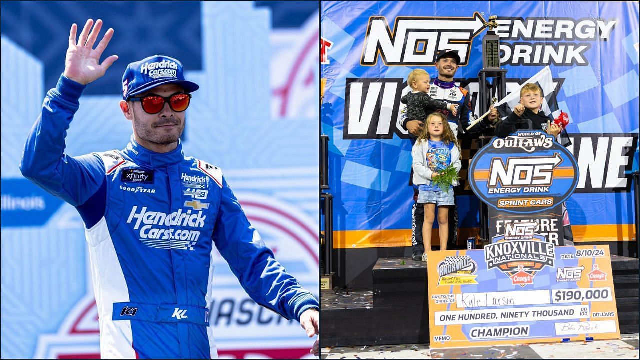 2021 NASCAR Cup Series champion Kyle Larson (Image Source: Getty Images (L) and X@WorldofOutlaws)) 