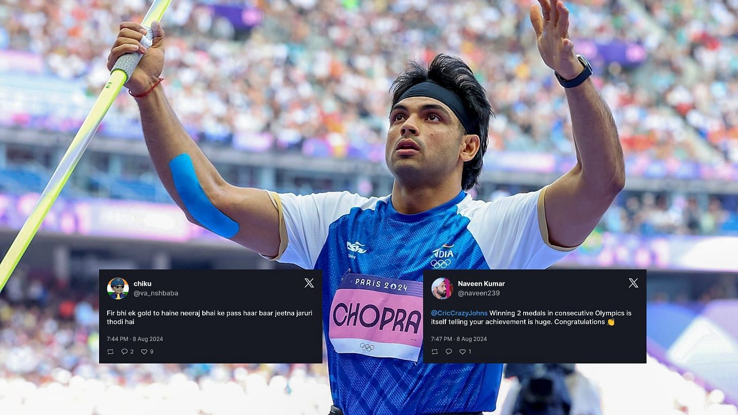 Neeraj Chopra (Images via Olympics.com, X@naveen239 and X@va_nshbaba)