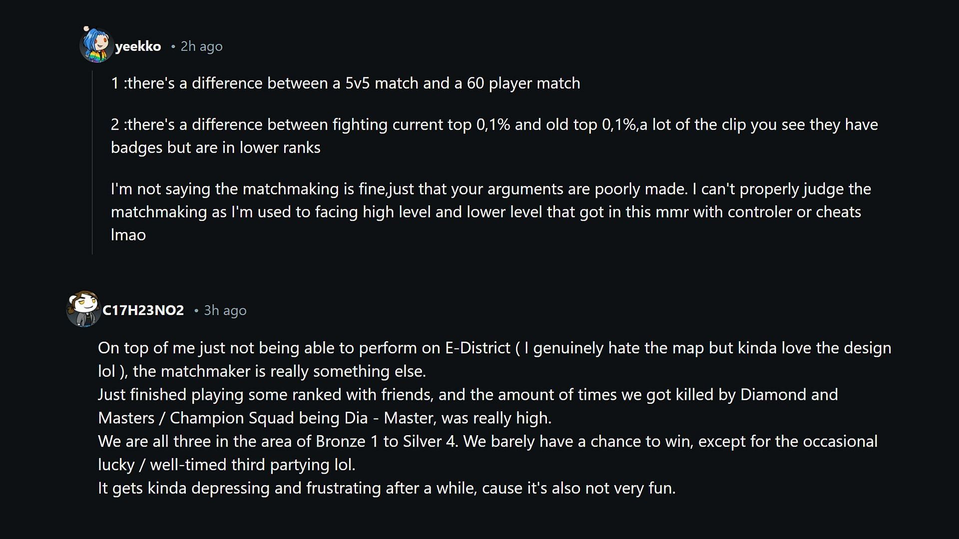Reddit users discuss current matchmaking problems (Image via Reddit)