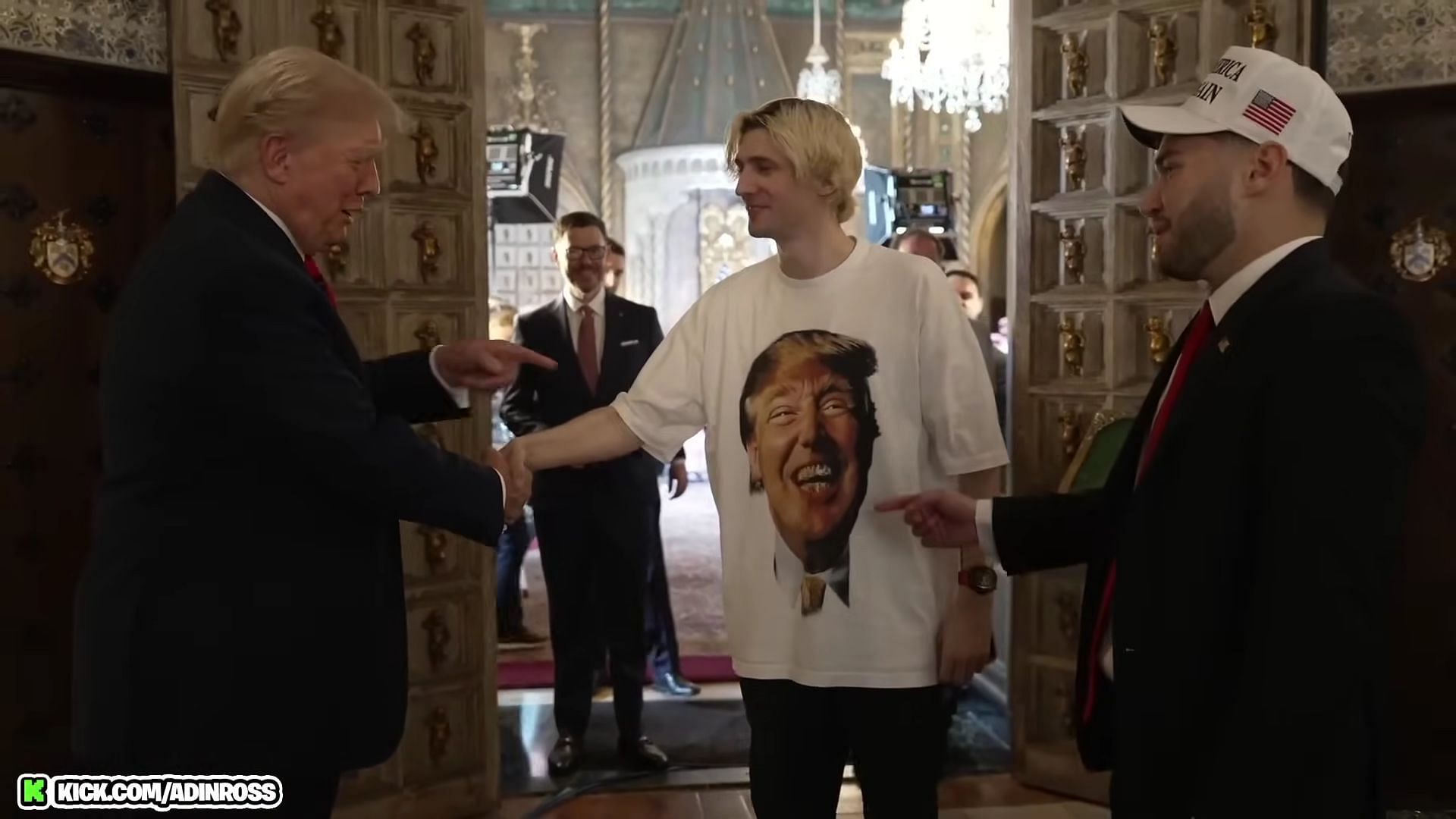 xQc met Donald Trump alongside Adin Ross wearing a shirt featuring a smiling image of Trump (Image via xQc Clips/YouTube)