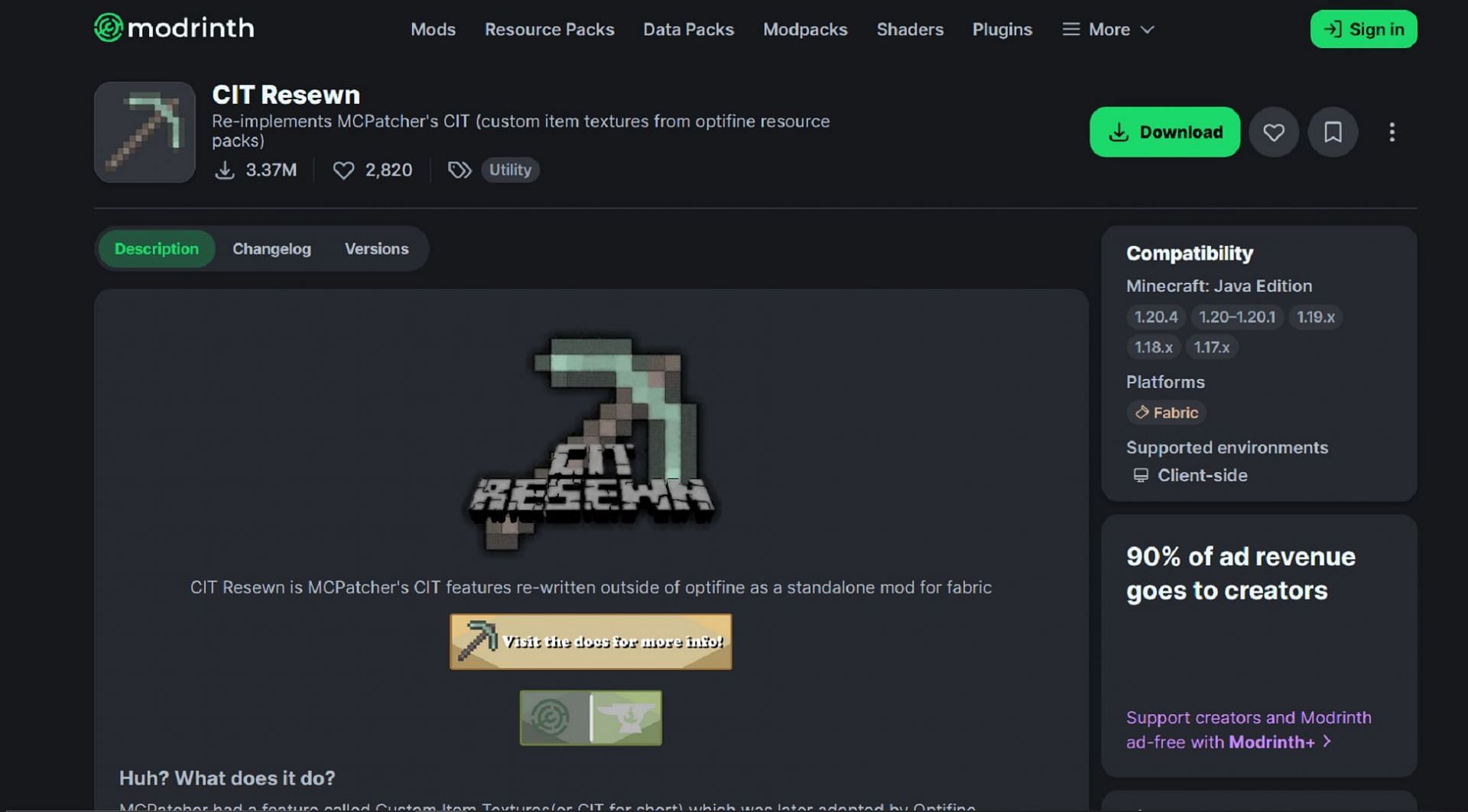 There are a few requirements for downloading CIT Resewn in Minecraft (Image via Shsupercm/Modrinth)